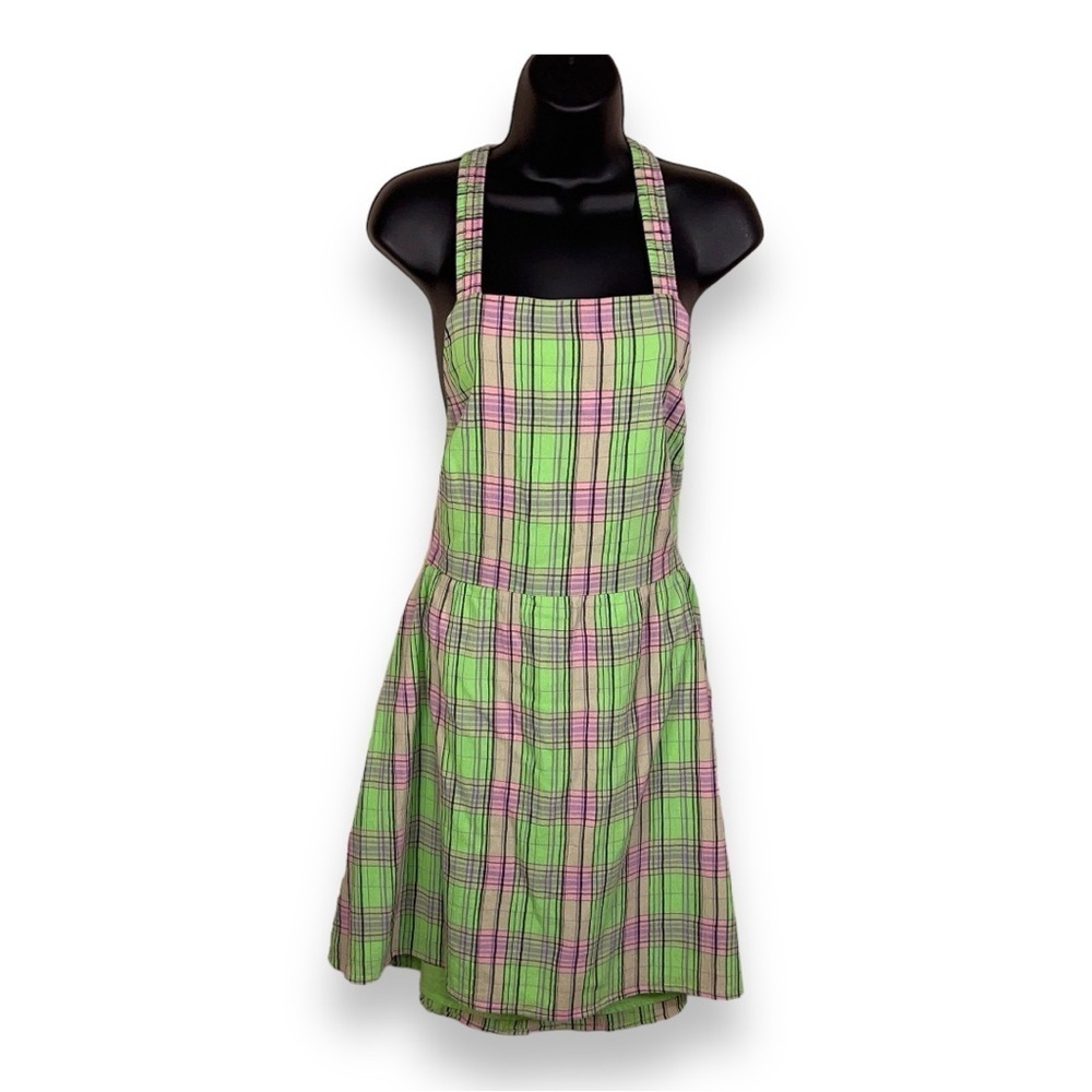 NEW BP MEDIUM GREEN PINK PLAID OVERALL DRESS SLEEVELESS COLORFUL